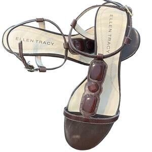 NWOB Ellen Tracy Open Toe Wedge Sandal Brown with Stone Gem Detail Size 7